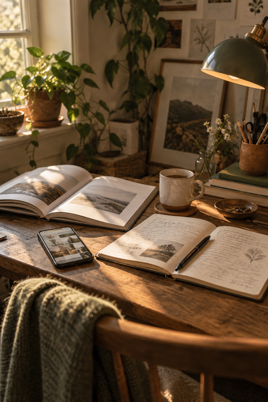 A warm workspace with books, notes, a phone, and a cup of coffee