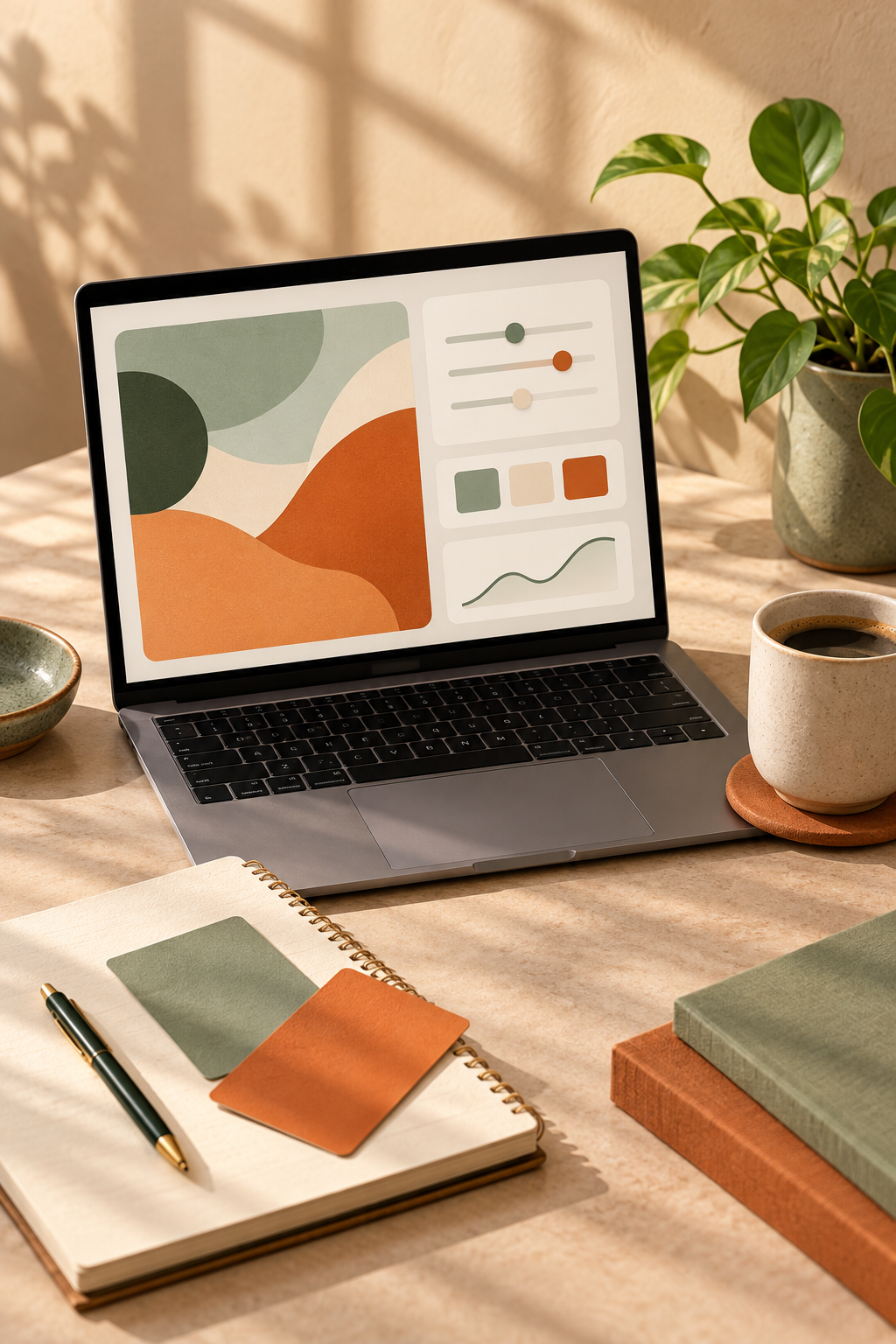 Laptop with abstract AI interface shapes beside a notebook and color cards