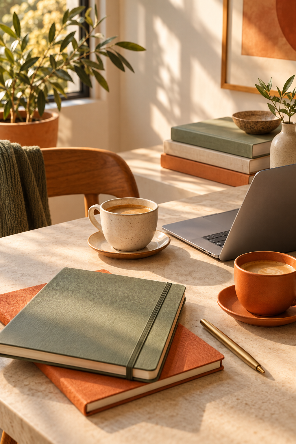 Two cups of coffee, notebooks, and a laptop arranged for a creative working session