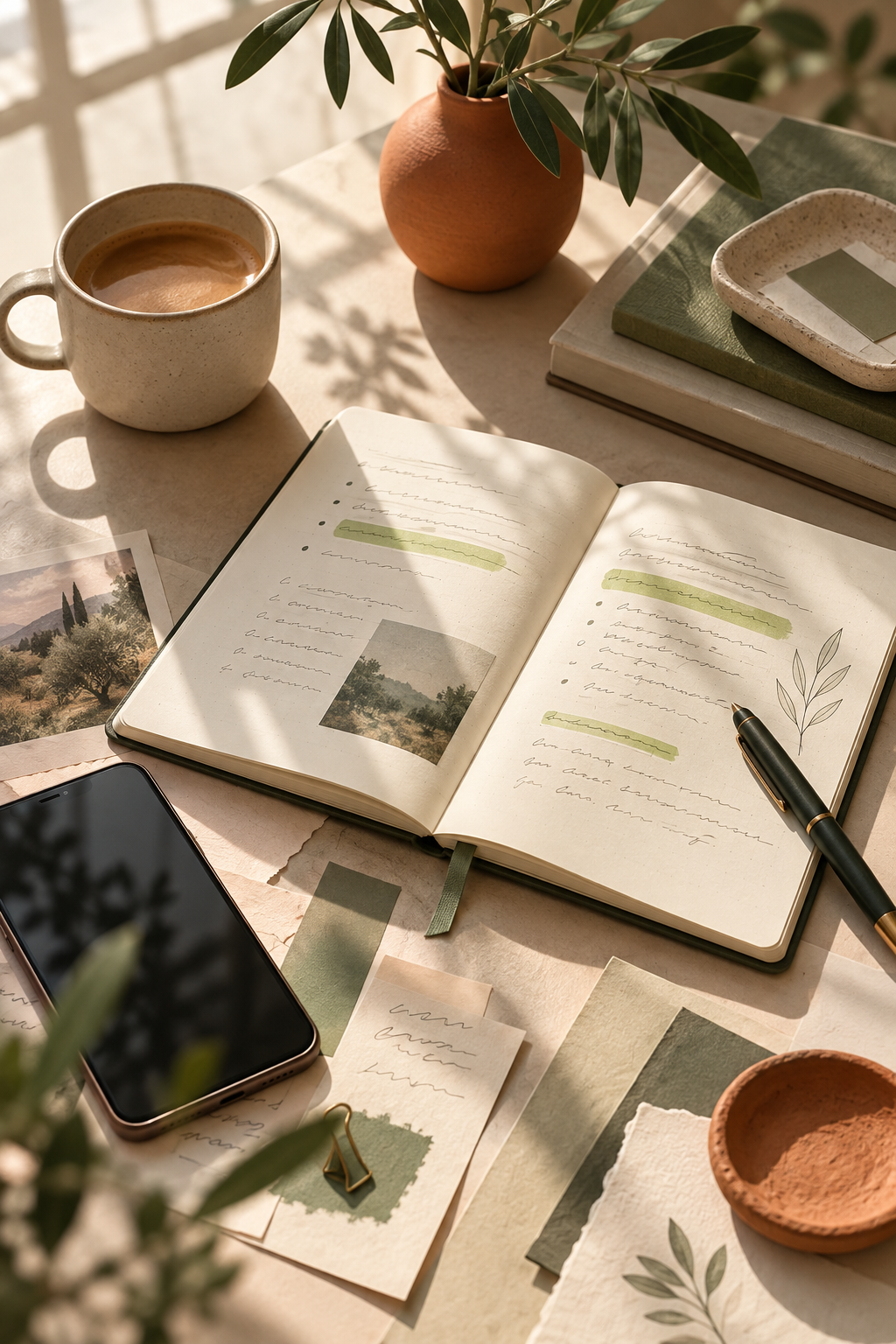 Notebook, phone, and highlighted source material arranged on a warm desk